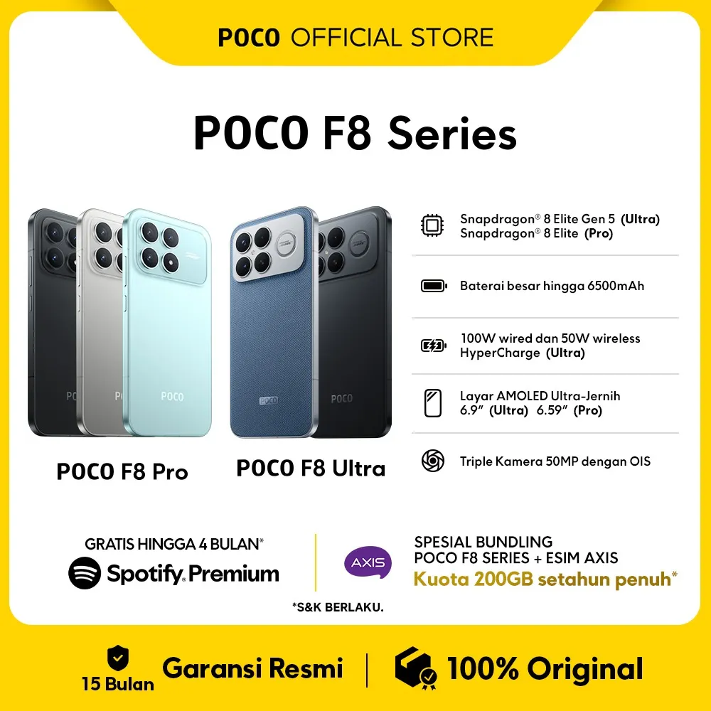 POCO F8 Series | POCO F8 Pro (12/512GB) | POCO F8 Ultra (16/512GB) | Snapdragon® 8 Elite Gen 5* | Baterai Besar 6500mAh* | Ultra series dengan 100W wired dan 50W wireless HyperCharge | Layar AMOLED Ultra-Jernih 120Hz | HP Gaming  [Xiaomi Official Store]
