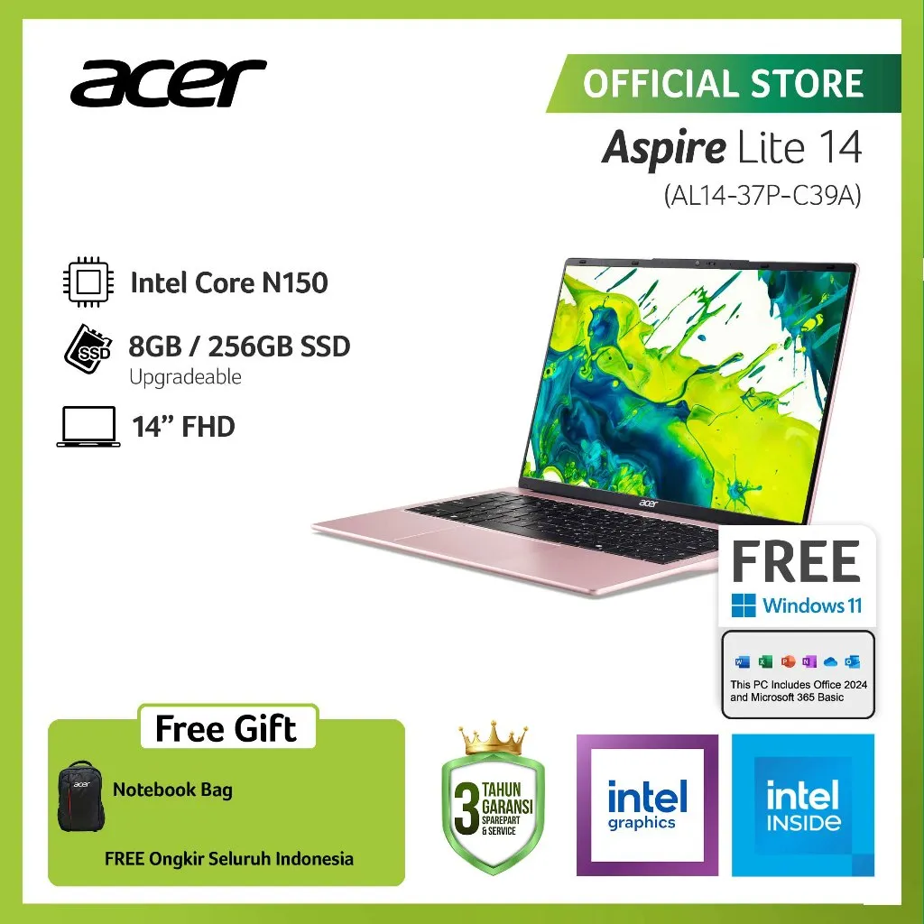 ACER LAPTOP ASPIRE LITE 14 AL14-37P-C9CP/AL14-37P-C3B7/AL14-37P-C39A 14" FHD INTEL N150 RAM 8GB STORAGE 256GB SSD INTEL GRAPHICS WINDOWS 11