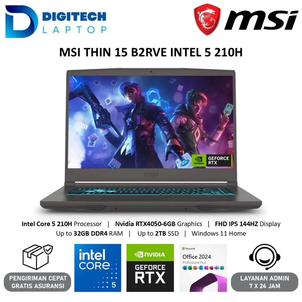 MSI THIN 15 B2RVE Intel Core 5 210H 32GB 2TB SSD RTX4050 6GB 15.6 FHD IPS 144Hz Windows 11 Grey