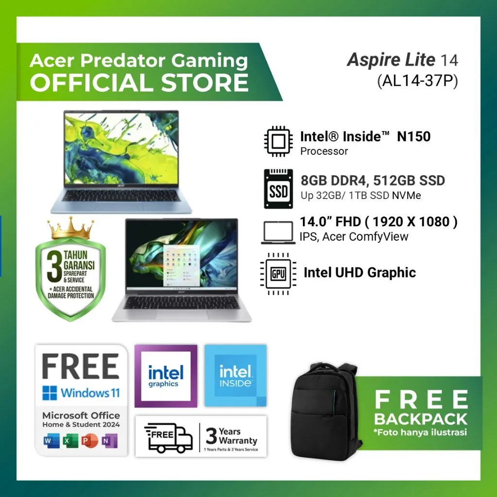 Acer Laptop Aspire Lite 14 AL14 14" Inch Intel N150 RAM 8GB Storage 256GB SSD Intel Graphics Windows 11 + Office