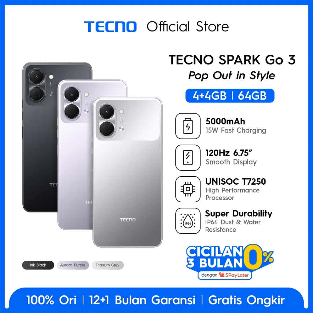 TECNO SPARK Go 3 4GB+4GB*/64GB, IP64, 6.75" HD+, 120Hz Smooth Display, 5000mAh, 15W* Charging, Freelink Communication, TECNO AI - sparkgo3