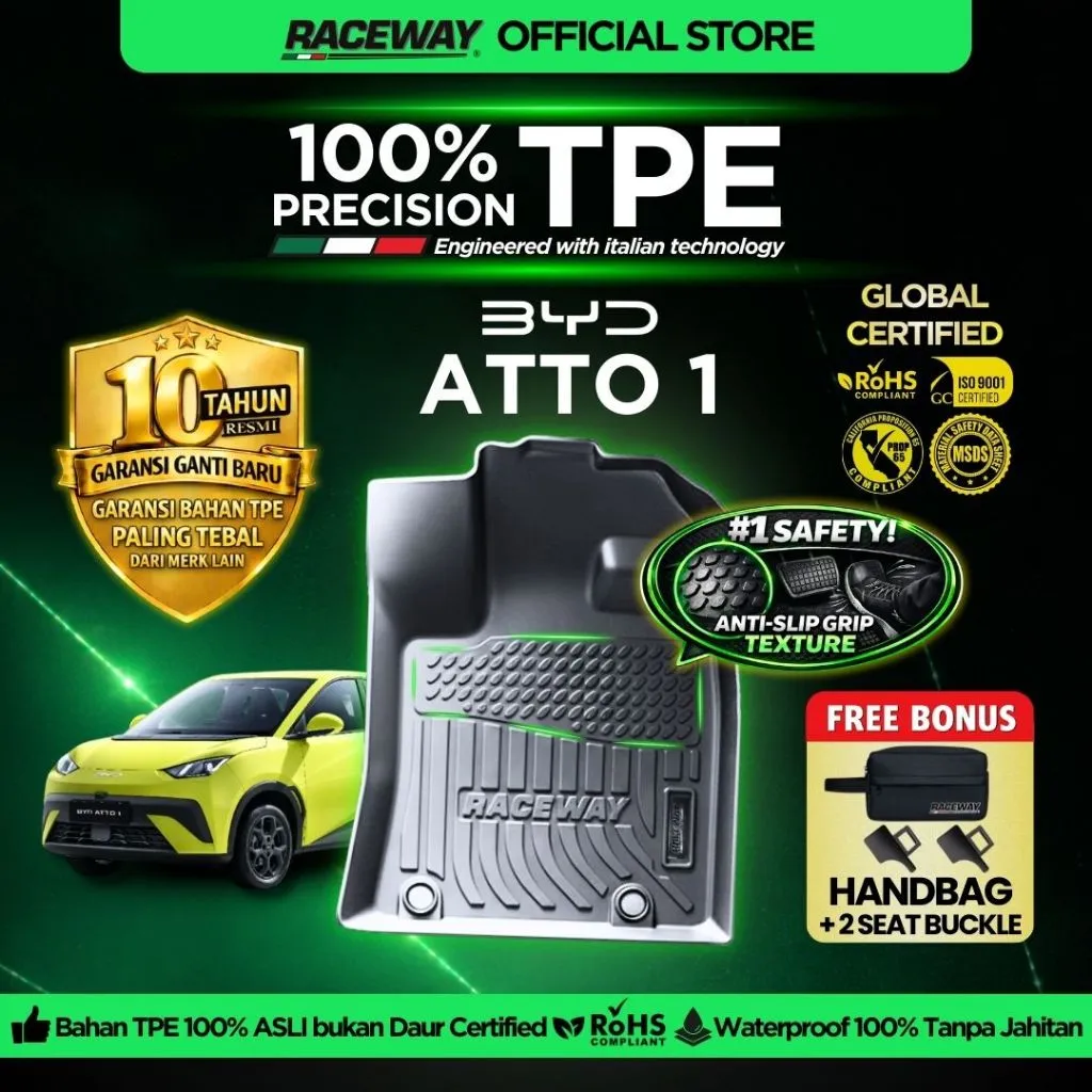 RACEWAY Karpet Mobil BYD ATTO 1  2025-2026 Hitam Bahan TPE Garansi 10 Tahun 100% Presisi Anti Air Slip
