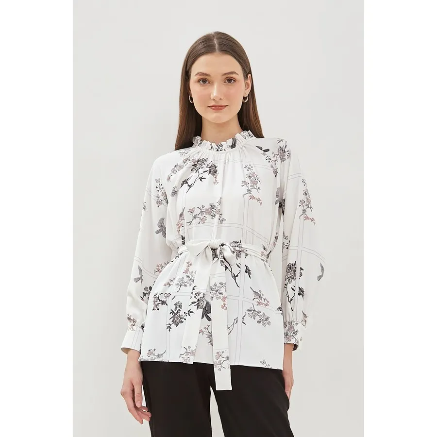 Minimal Magnolia Blouse Wanita - Motif Bunga - Warna Light Beige