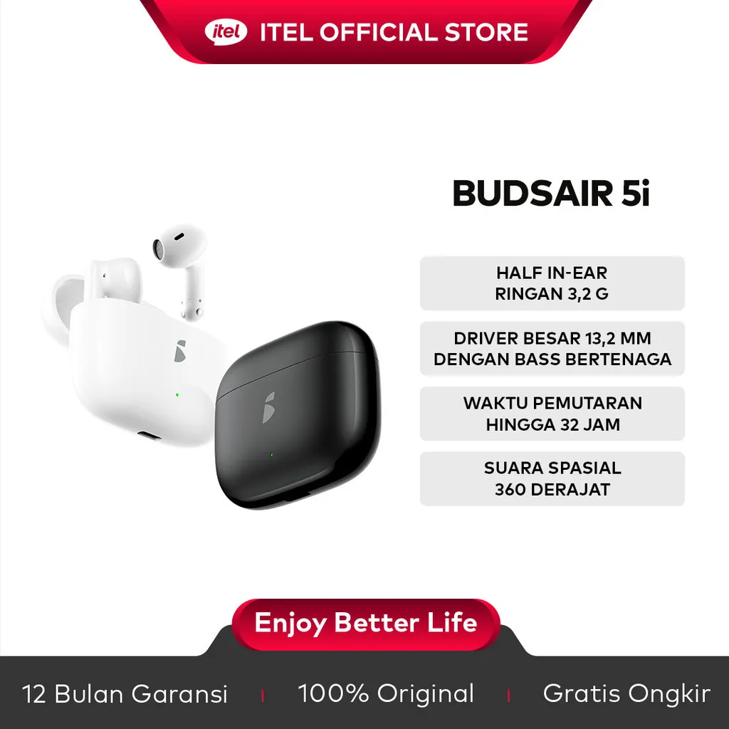 Official itel BudsAir 5i | Earbud dengan AI Terjemahan Suara | 32 Jam Daya Tahan | Bass 13.2mm | Dual Mic | Bluetooth 5.4 | Mode Game Rendah Latensi | Audio Spasial 360 Black White