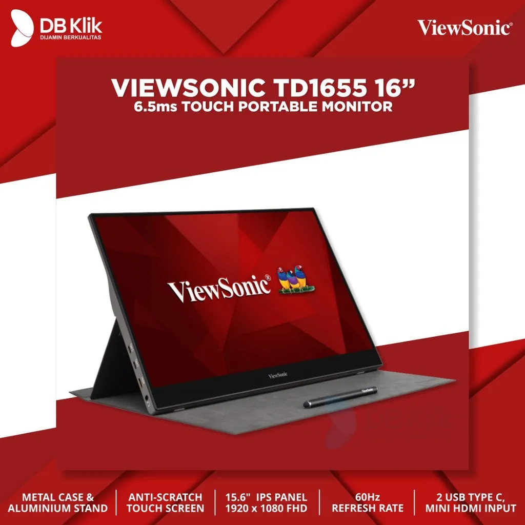 VIEWSONIC LED Monitor Portable TD1655 16" IPS FHD 60Hz 6.5ms Built in Speker Touch Mini HDMI USB-C