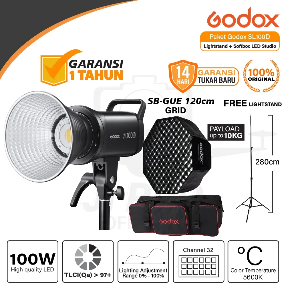 Godox SL100D / SL 100D / SL100 D Lampu Studio Flash Paket Lightstand, Softbox Tas Original