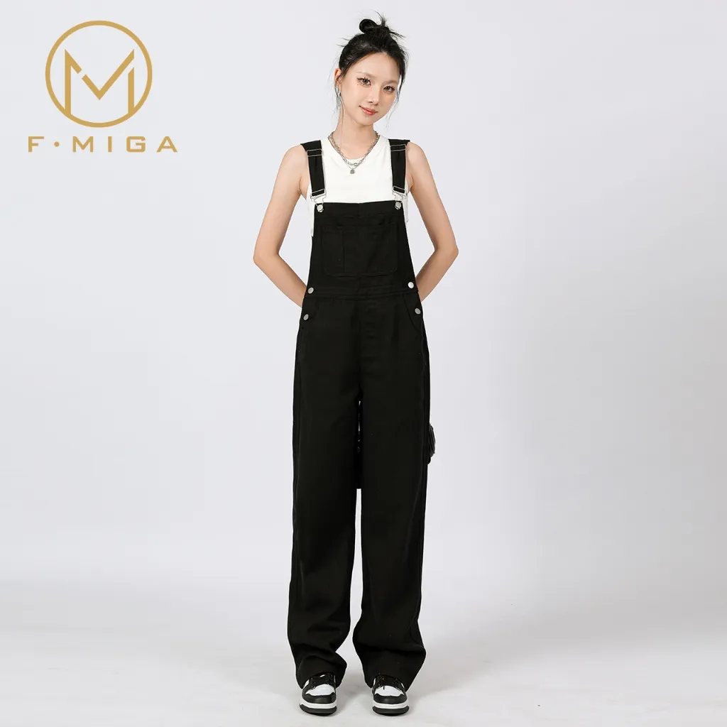 F·MIGA C51 Korean Style Cargo Wide Leg Playsuit Overall Jeans Wanita (Kodok) Panjang Celana Jeans Wanita - Hitam