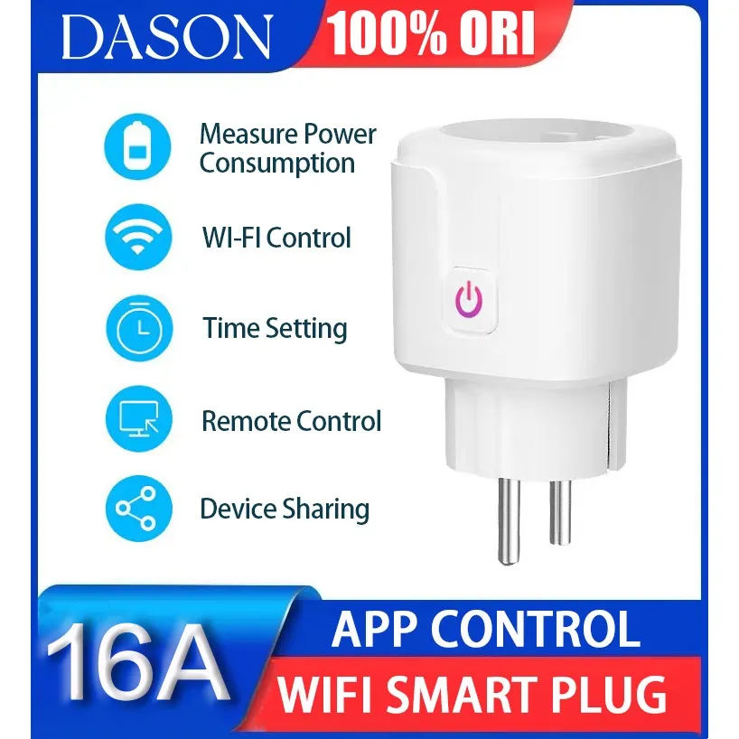 Home Smart Plug-WiFi Smart Plug Socket 16A Wireless with Colokan Energy Monitoring Statistic Smart Home Colokan Stop Kontak Timer Colokan Pintar Wireless  Google Alexa Siri Smart Wifi Remote Control Single Socket