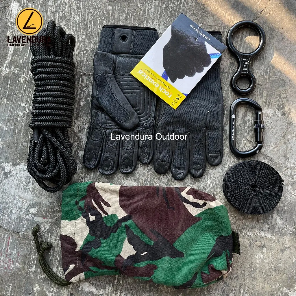 REPLING SET KOMPLIT Paket Rappeling 12 Reppeling SRT Single Rope Technique perlengkapan caving climbing outdoor safety rope acces safety caving susur goa carabiner carabinner ascender helm doff tali jiwa jatah tni jatah pembagian