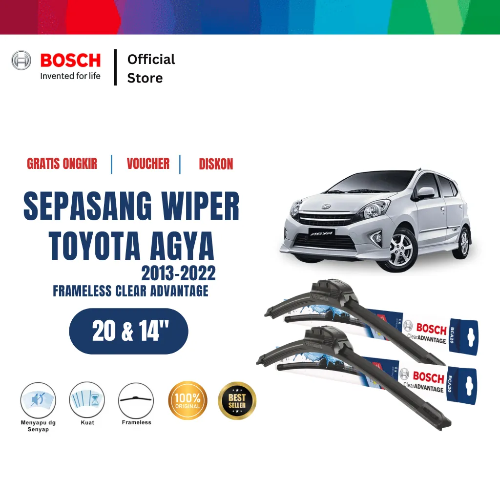 Bosch Sepasang Wiper Mobil Toyota Agya 2013-2022 Frameless New Clear Advantage 20 dan 14 Inci