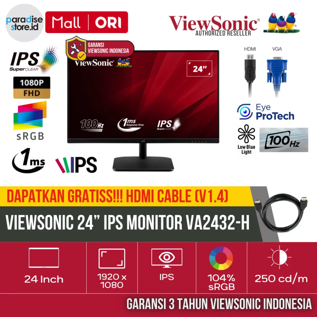 ViewSonic 24” IPS Monitor VA2432-H 2 | VA2432H-W 1080p | Frameless | 100Hz