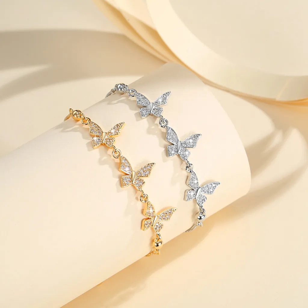 Lanme Jewelry Gelang Wanita Dewasa Kristal Kupu-Kupu Berlapis Emas Tali Serut Aksesoris Fashion Stainless Steel Anti Luntur LM751