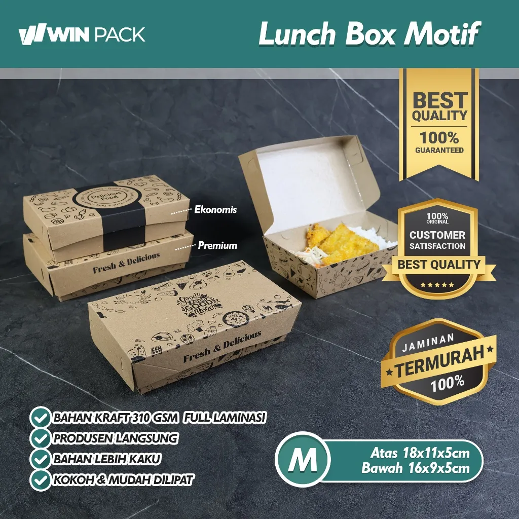 Isi 50 Pcs Paper Lunch Box Laminasi M | Motif | Kraft 310 GSM Laminasi PE | Premium & Eco