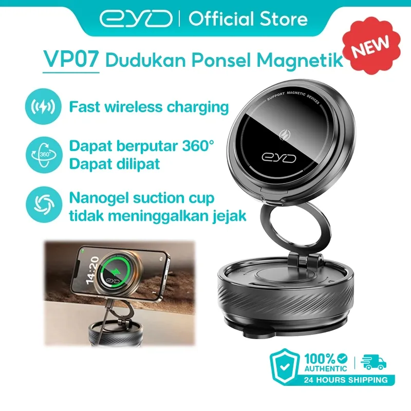 EYD VP07 Magnetic Phone Holder HP Wireless charging Vacuum Suction 360° Rotation Foldable Universal Car Mount & Desktop Stand Wall-Mounted for Home, Office, Bathroom
