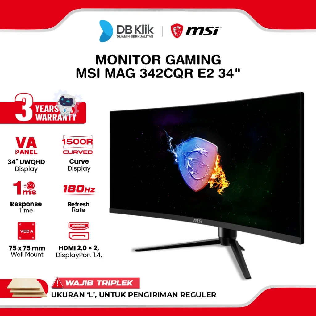 MSI LED Monitor Gaming MAG342CQR E2 34" VA 3440x1440 21:9 180Hz Curved 1500R 1ms Adaptive Sync HDMI DP