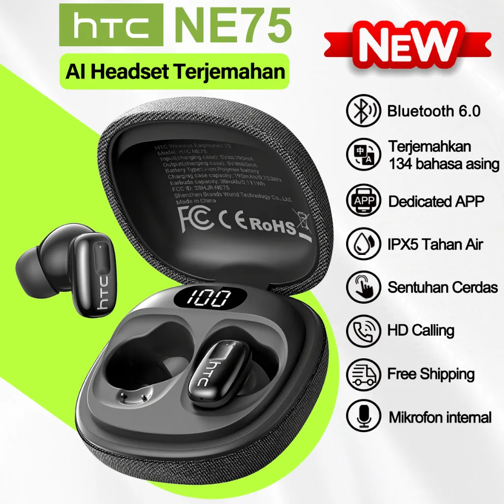 HTC NE75 Headset Bluetooth V6.0 TWS AI Translate 134 Bahasa In-Ear HIFI Mic HD Call IPX5 Sport Earphone Olahraga