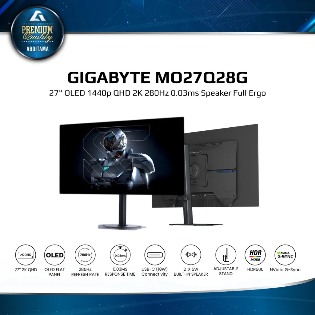 GIGABYTE MO27Q28G 27" Tandem OLED QHD 1440p 280Hz 0.03ms HDR TB500 HDMI2.1x2 DP1.4x1 USB-C 18w Ergo