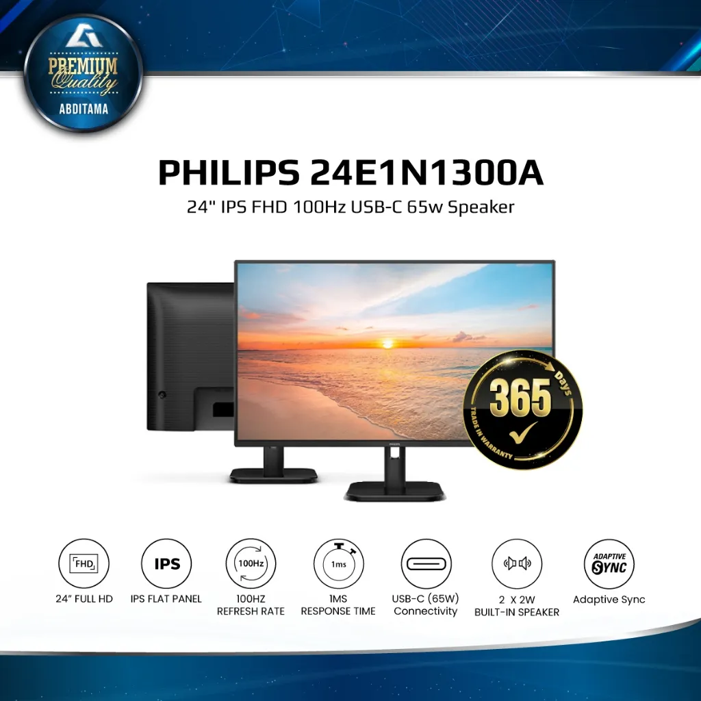 Monitor LED Philips 24E1N1300A 24" IPS 1080p FHD 100Hz HDMI 1.4x1 USB-C 65w Speaker Tingkatkan produktivitas dengan konektivitas USB-C