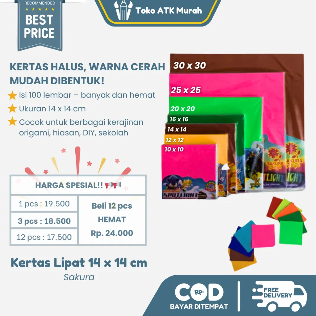 Kertas Lipat Sakura 14 x 14 cm ( Isi 100 Lembar ) - Kertas Origami Warna Warni untuk Kerajinan Anak, Craft, dan Dekorasi