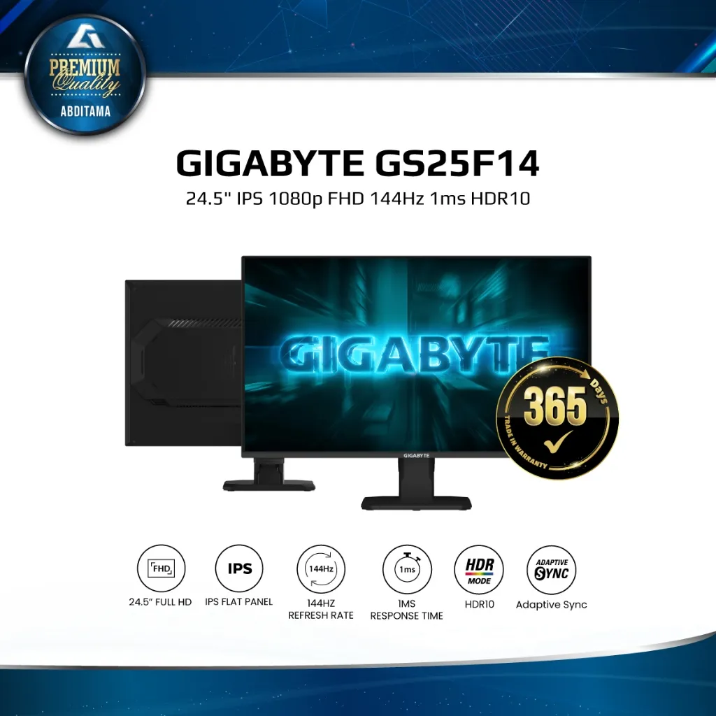 Monitor LED Gigabyte GS25F14 24.5" IPS 1080p FHD 144Hz 1ms HDR10 120% sRGB HDMI 2.0x2 DP 1.2x1 VESA 100x100mm the Last Mile for your Gaming System Support Adaptive-Sync Technology Flicker-Free Low Blue Light