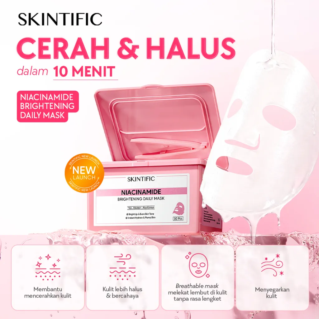 [New Launch]SKINTIFIC Niacinamide Brightening Daily Mask 30 Sheets | Hydrating Glow Sheet Mask Wajah | Mengurangi Komedo & Pori | Skincare Mencerahkan Kulit Kusam