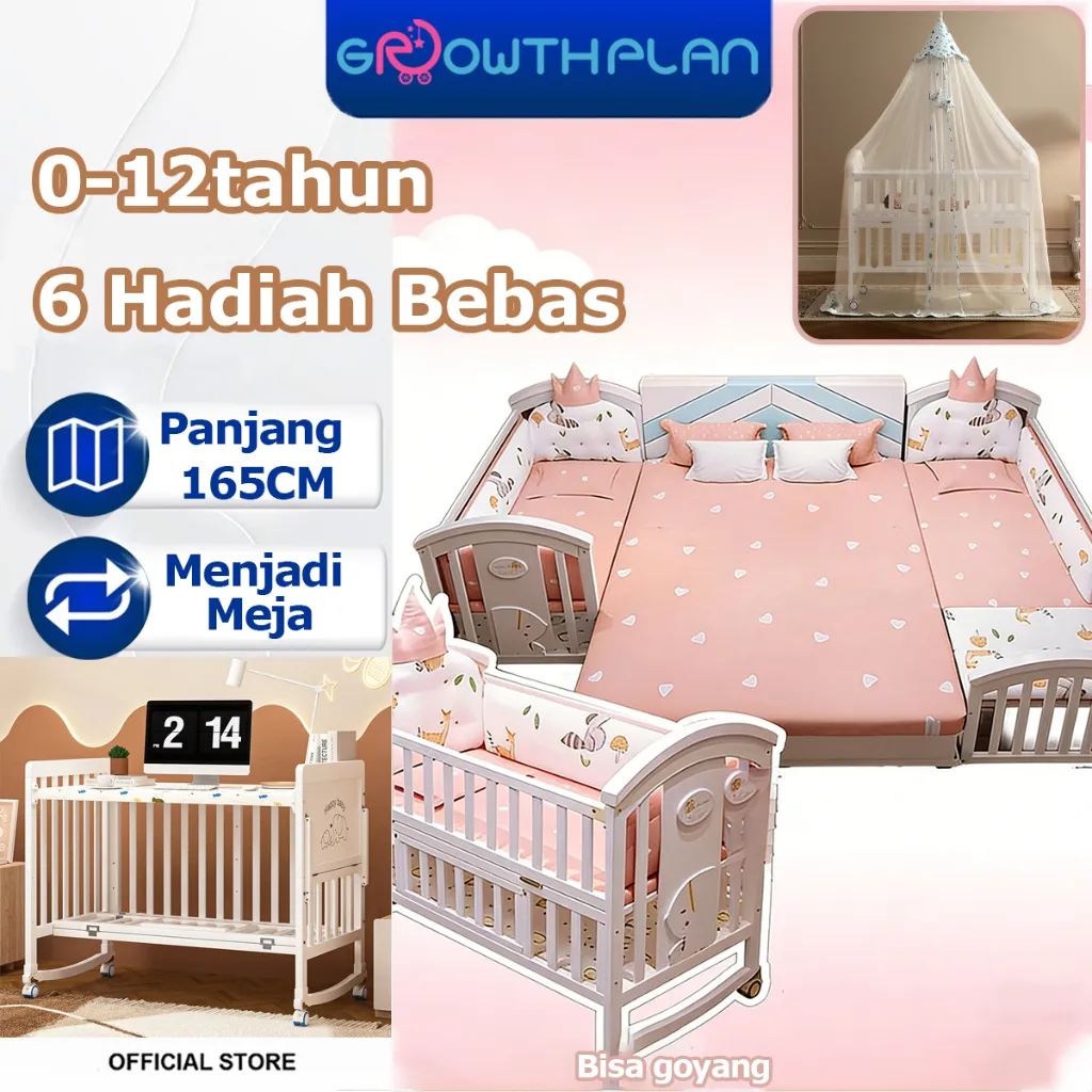 Box bayi Tempat Tidur Bayi Box Bayi Ranjang Kayu Solid Tempat Tidur Anak Adjustable Bisa Disambung Dewasa 0-12 Tahun Free Kasur