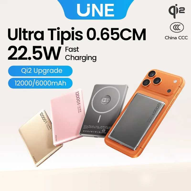 [Ultra tipis 0,65cm] UNE Powerbank Fast Charging Mini Qi2 Wireless 12000mAh Magnetic PD22.5W Type C