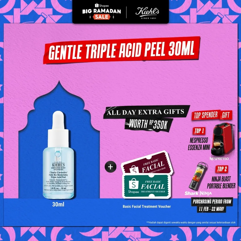 Kiehl's Clearly Corrective™ Daily Re-Texturizing Triple Acid Peel Serum 30ml. Mengandung AHA, BHA dan PHA