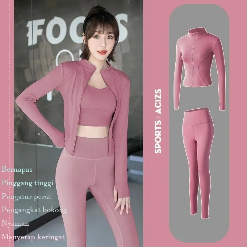 Setelan Olahraga Wanita Jaket Lengan Panjang & Legging High Waist | Baju Gym Yoga Zumba Nyaman (MTWT