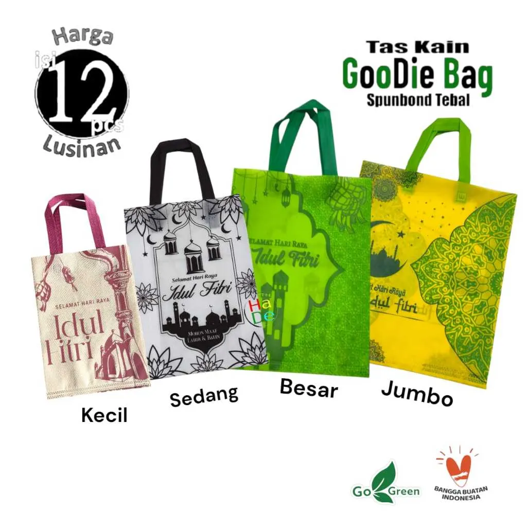 1 Lusinan isi 12 pcs Tas Kain Spunbond Goodie Bag Tulisan Custom Sablon Lebaran Idul Fitri 2026 Termurah Kantong Belanja sembako Goodybag Bingkisan Souvenir snack, hampers paper bag Hantaran Kue kering Ukuran Kecil Besar Jumbo 25x35 30x40 38x45