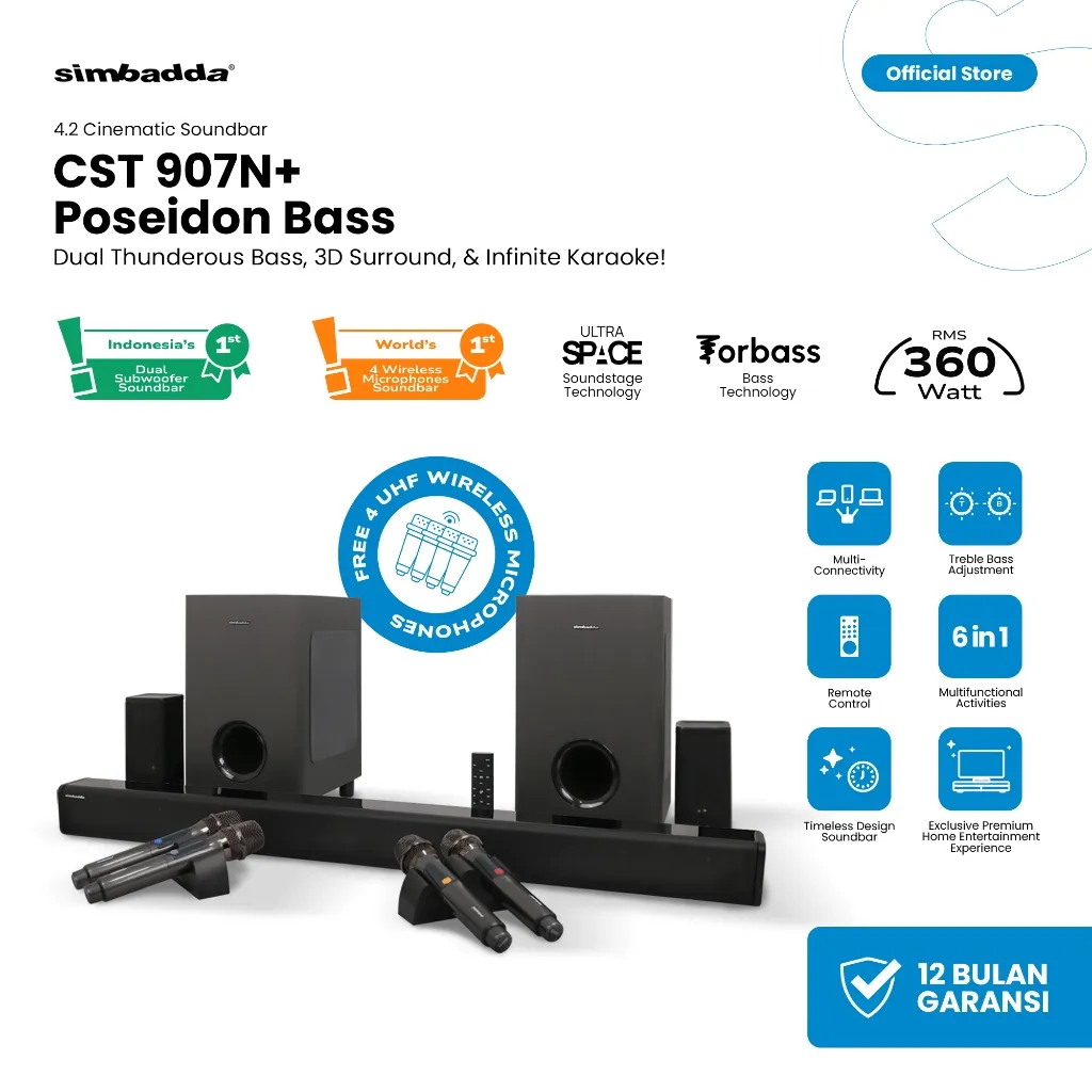 Speaker CST 907N+ Poseidon Bass - Home Theater Soundbar 360W with Karaoke, Dual Subwoofer & 4 Wireless Mics