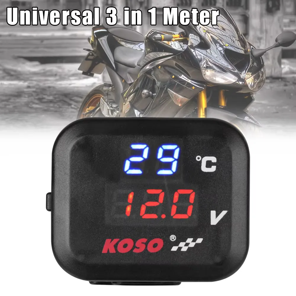 Koso Tabel Mesin Digital Universal 3 in 1 Meter Voltmeter, Pengukur Tegangan Motor, Pengisi Daya USB untuk Telepon, Pengisi Daya 3 dalam 1, Tahan Air, Tampilan Digital LCD