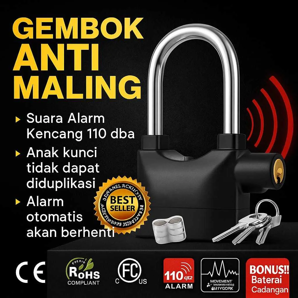Gembok Alarm Anti Maling Suara Kencang Untuk Motor Dan Pagar Terbuat dr Bahan Antikarat Berkualitas