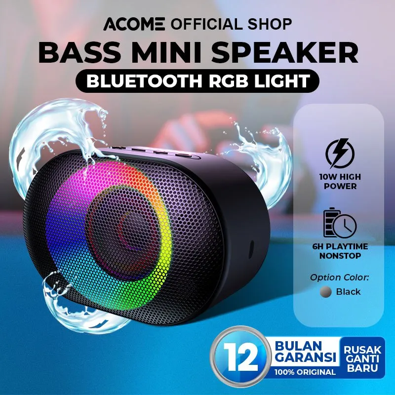 [BISA COD] ACOME Speaker Bluetooth Super Bass High Power 5.0 10W IPX6 Waterproof RGB Light Rhyme Rave Party A10