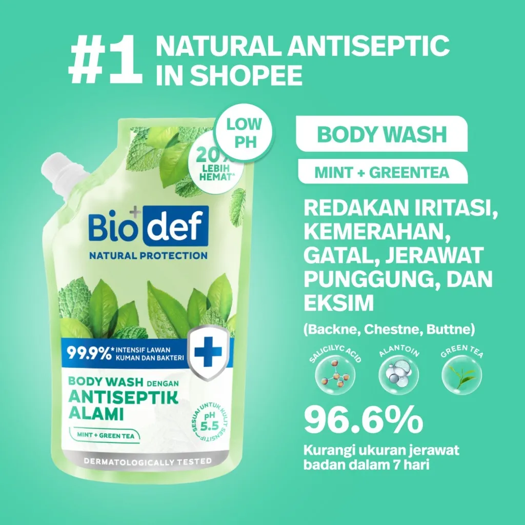 Biodef Natural Protection Mint - Green Tea Body Wash Refill 400 ml | Sabun Mandi Cair Antiseptik Aman dan Halal | Sabun Mandi Melembabkan| Sabun Mandi Cair Whitening Untuk Meredakan Jerawat Punggung, Back Acne, dan Minyak Pada Kulit