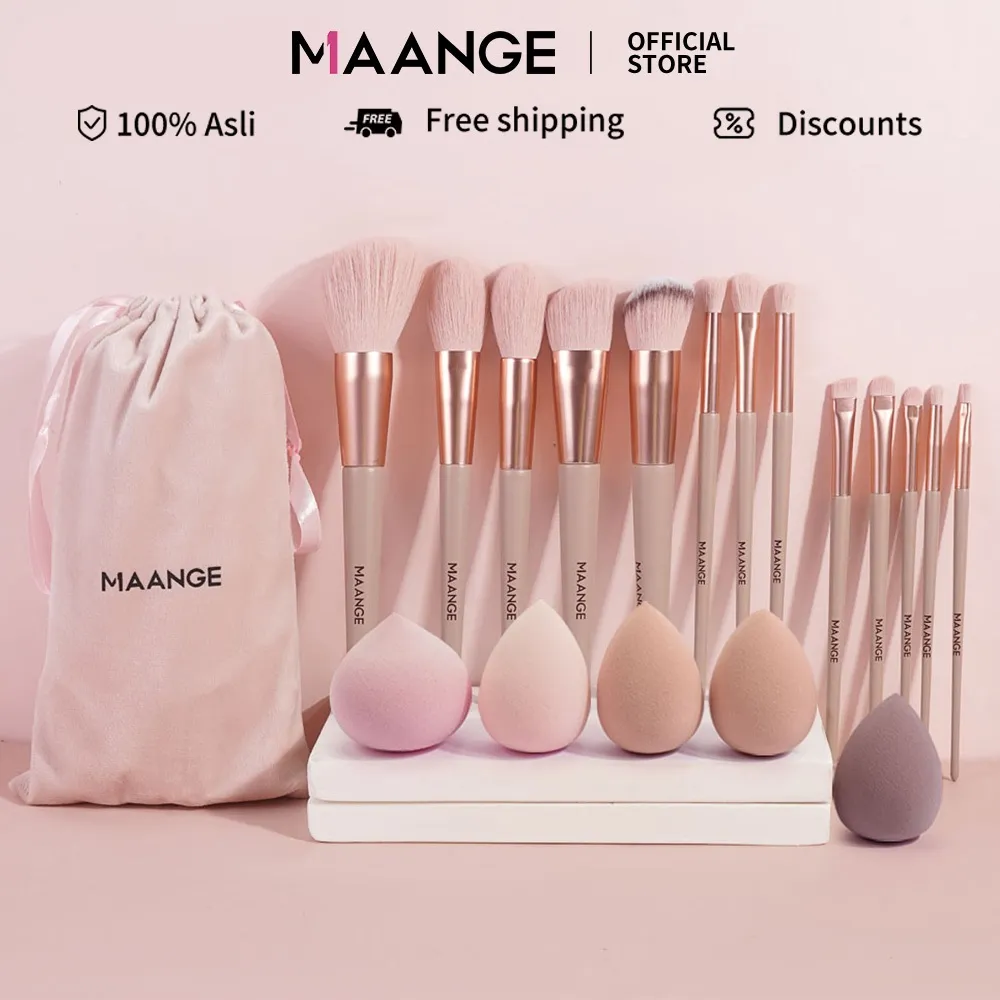 MAANGE 13Pcs Makeup Brush Sikat Lembut Alat Rias Tas Kuas Portabel Dengan 5 Sponges Puff 5877