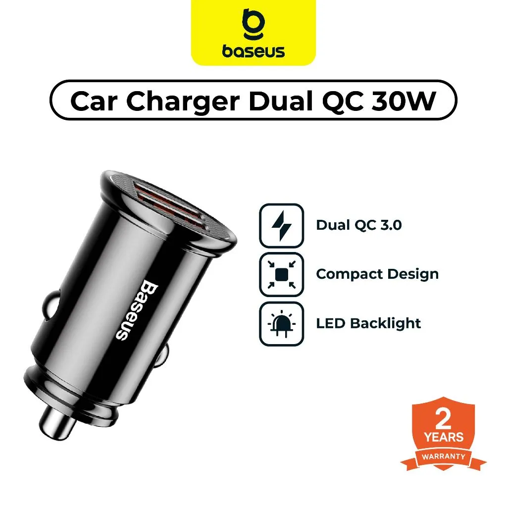 BASEUS Kepala Charger Circular Plastic  A+A 30 W QC3.0 Dual U Quick Car Charger Black Fast Charging