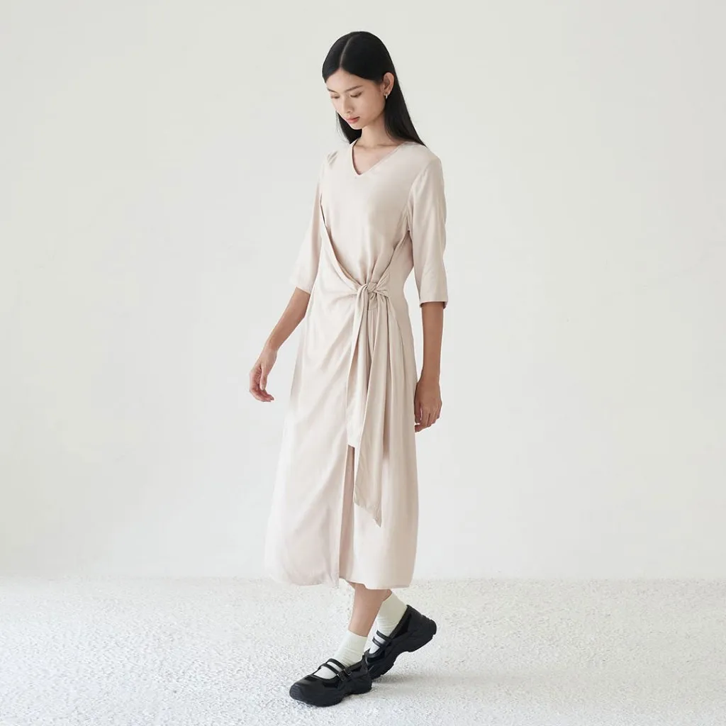 InKano Gianna - Dress rayon dengan details ikat warna hitam, coklat muda, hijau olive dan soft pink