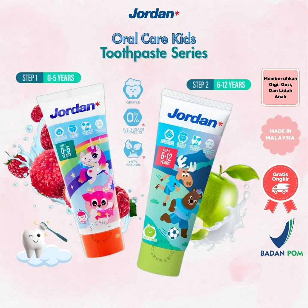 JORDAN Kids Toothpaste Milk Teeth Step 1 (0-5 Years) | Permanent Teeth Step 2 (6-12 Years) - 75g | Pasta / Odol Gigi Anak | Fluoride