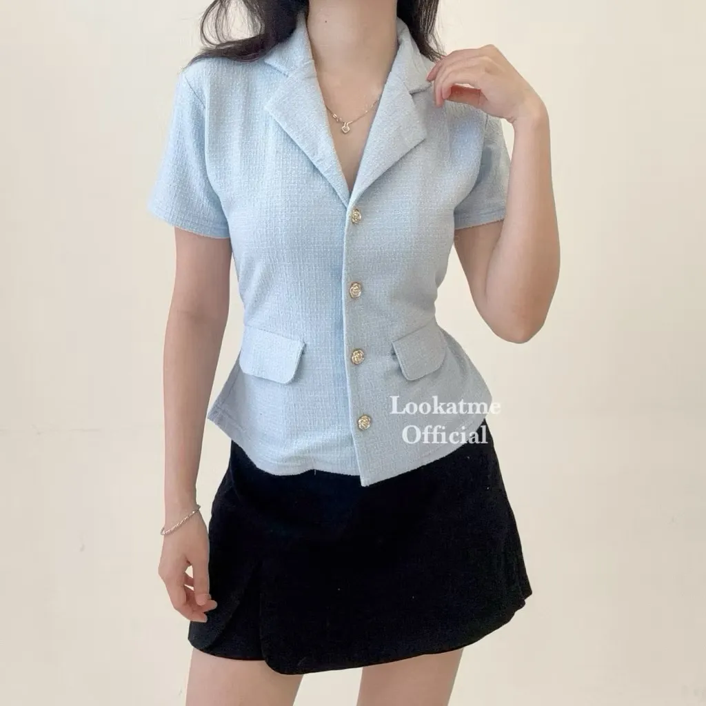 CESSA TOP - Atasan Wanita Tweed Slim Fit Korean Vneck Kerah Lengan Pendek Short Sleeve / Baju Wanita Casual Mewah Elegan Nyaman Murah Berkualitas