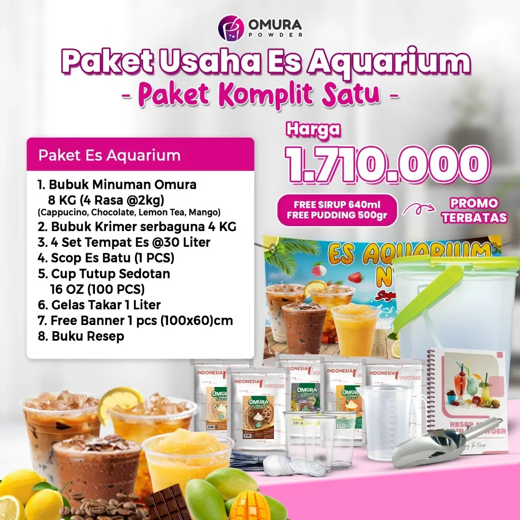 [PAKET KOMPLIT ES AQUARIUM] Paket Usaha Es Akuarium Franchise Bubuk Minuman Kekinian Paket Bisnis Minuman Komplit Langsung Jualan Modal Kecil Omura Powder