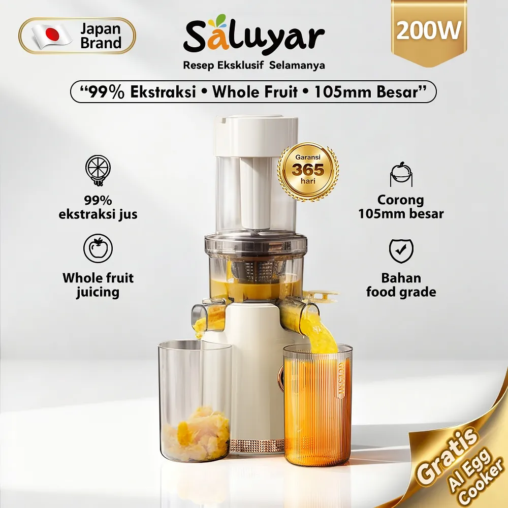 Saluyar Slow Juicer 99% Ekstraksi • Corong Besar 105mm • Whole Fruit Juicing • Food Grade • 200W Premium