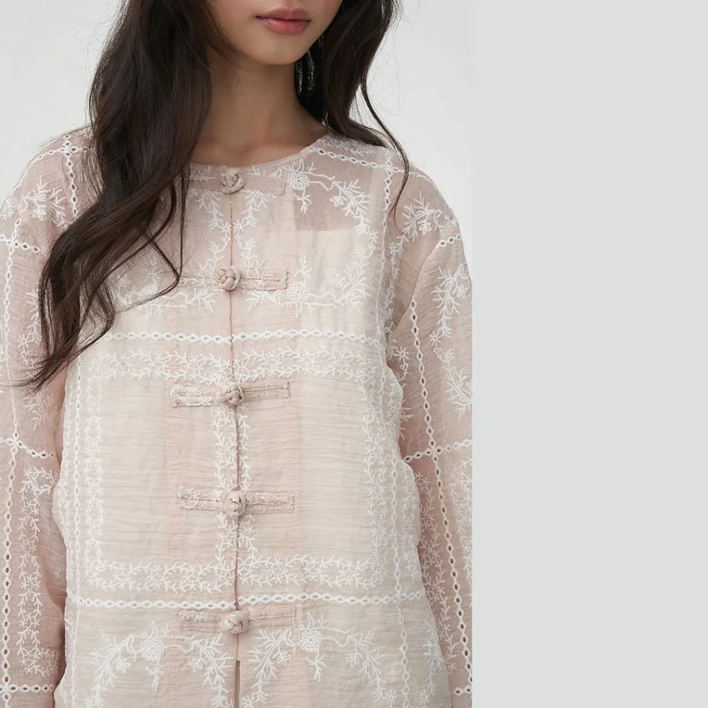 InKano Karu - Atasan wanita semi-sheer dengan details bordir floral dan classic knot details