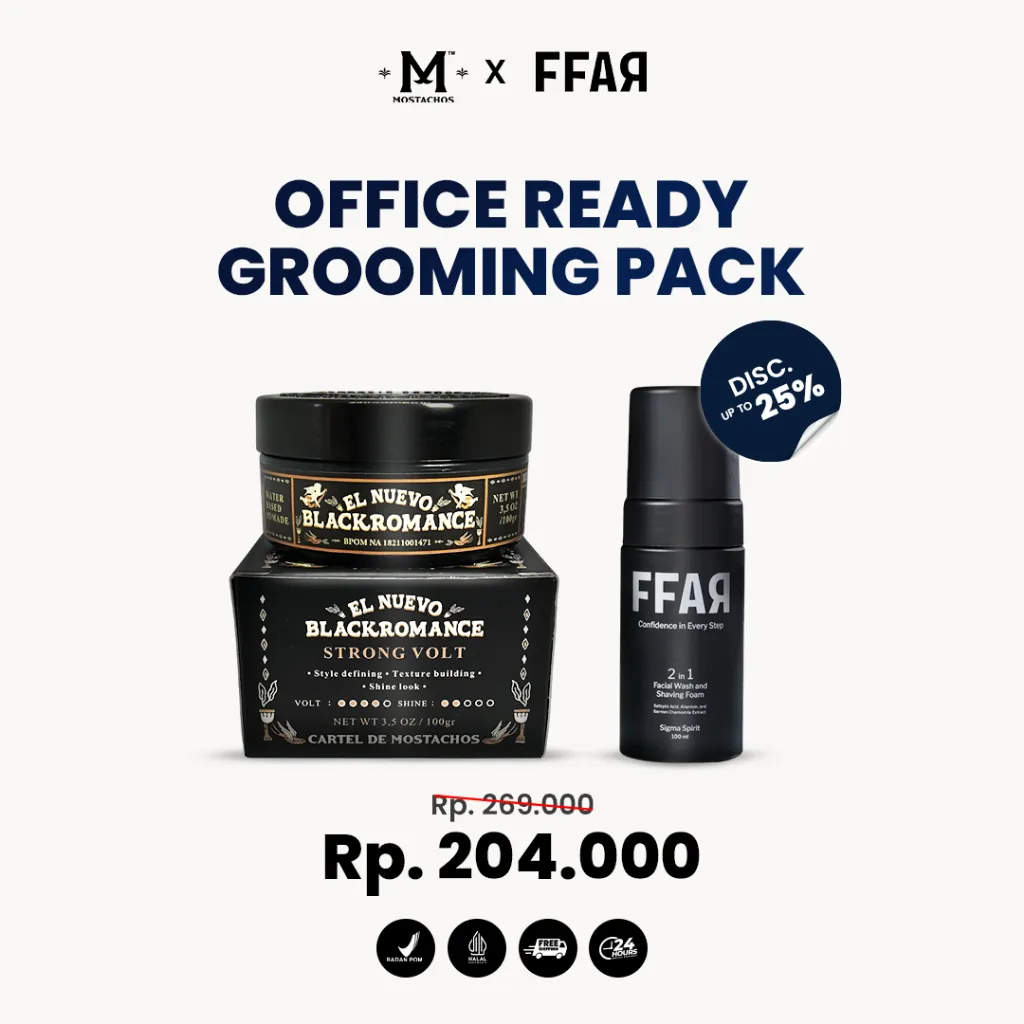 Office Ready Grooming Pack - FFAR Sigma Spirit 2in1 Facial Wash & Shaving Foam + Mostachos Water Based Pomade