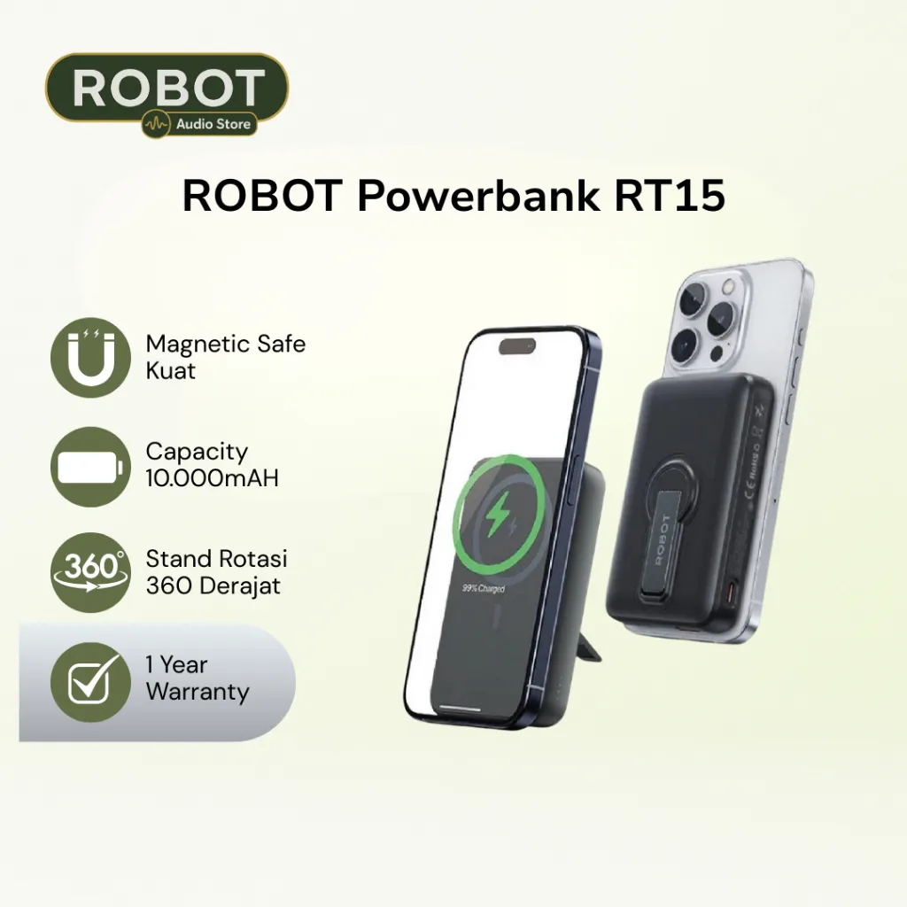 ROBOT Powerbank Magsafe 10000 mAh RT15 Fast Charging Magnetic Safe 10N PD 20W Fast Charging Original
