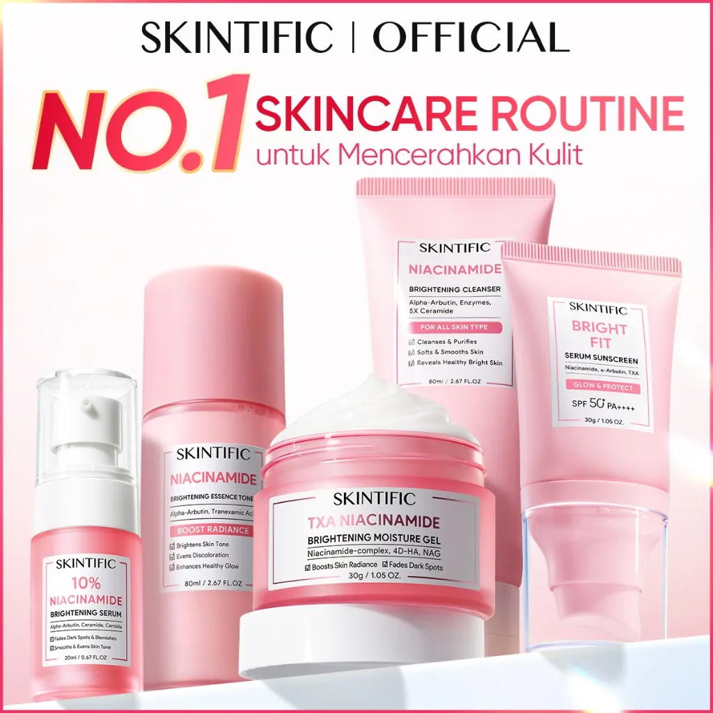 SKINTIFIC - Niacinamide Brightening Series | 5-in-1 Set|Serum, Moisturizer Gel, Toner, Cleanser, Clay Stick, Facial Wash, Day & Night Cream | Glowing, Brightening, Whitening, Spot Care | For All Skin Types | Paket Lengkap 5PCS Bundle