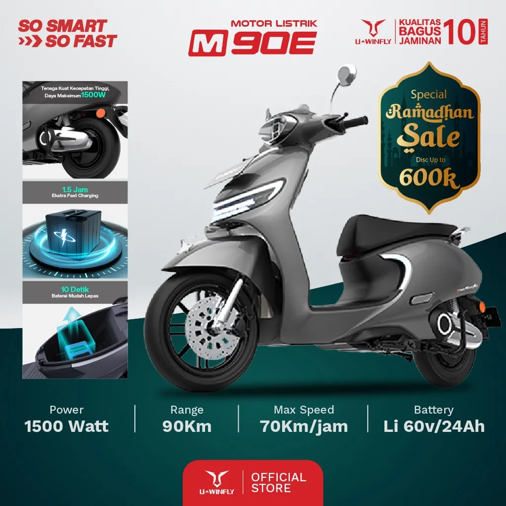 Uwinfly M90E (Motor Listrik), Range 90km, Quick Charge, Fast Swap, Li60v/24Ah, Motor Power 1500W, Smart U-Connect