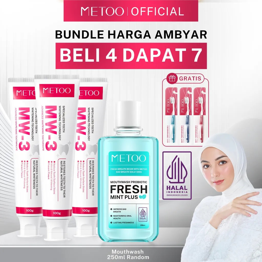 [MURAH BGT!!] METOO MW-3 Advanced Whitening Tooth Paste 100gr*3 + 1pcs Mouthwash 250ml + Tooth Brush*3 - BPOM Gigi Putih / Karang Gigi / Membersihkan Noda Gigi / Gigi Sensitif / Bau Mulut / non-alkohol