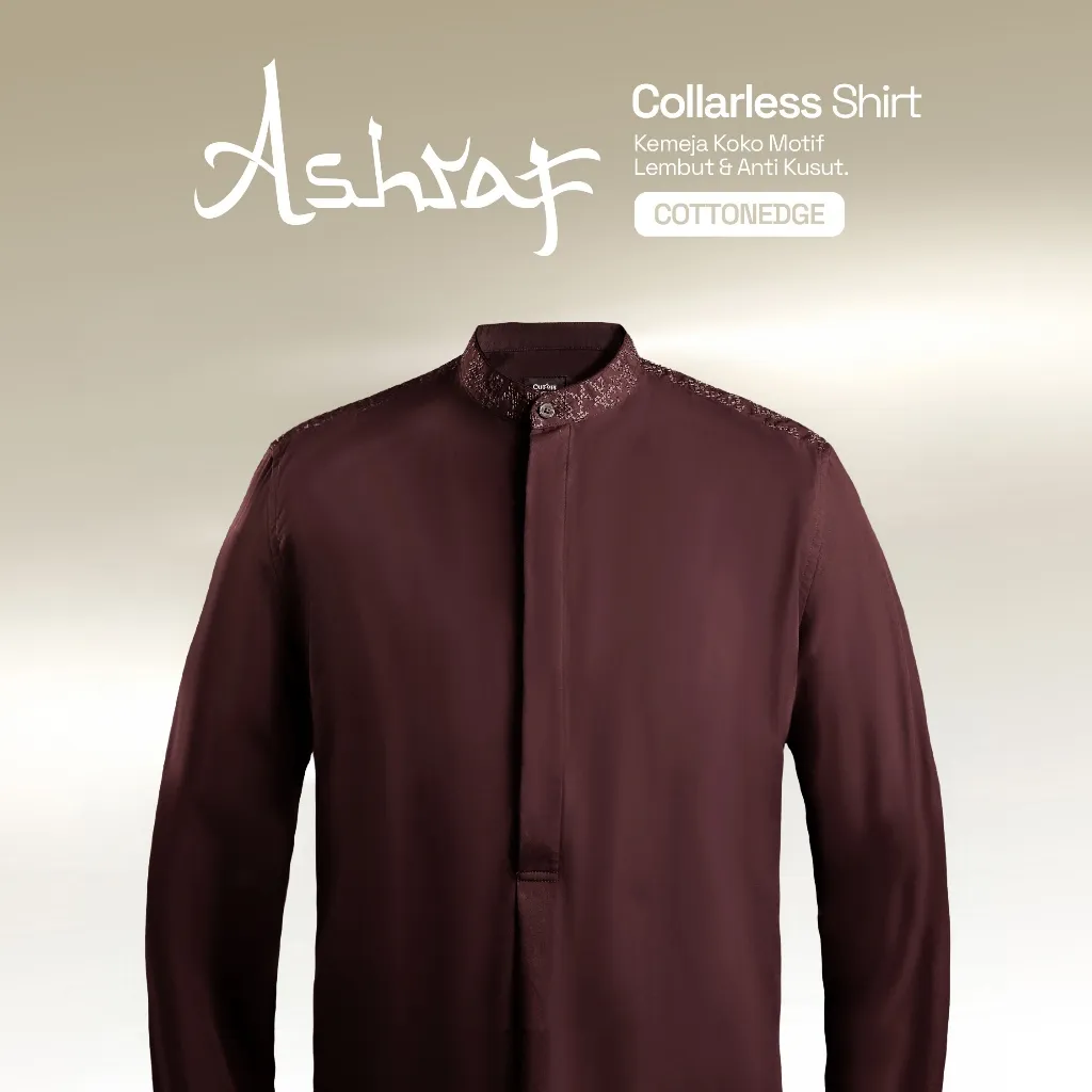 CUTOFF Ashraf Collarless Shirt Kemeja Koko Cotton Formal Kurta Basic Polos Muslim Pria Lengan Panjang