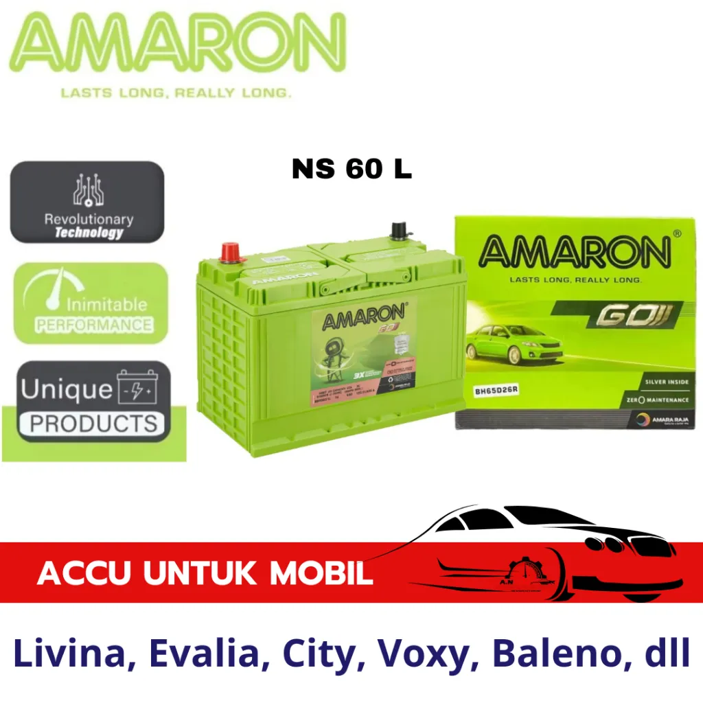 Aki Mobil AMARON - Aki Kering NS60L / 12V / 45 Ah untuk Mobil Livina, Evalia, City, Voxy, Baleno